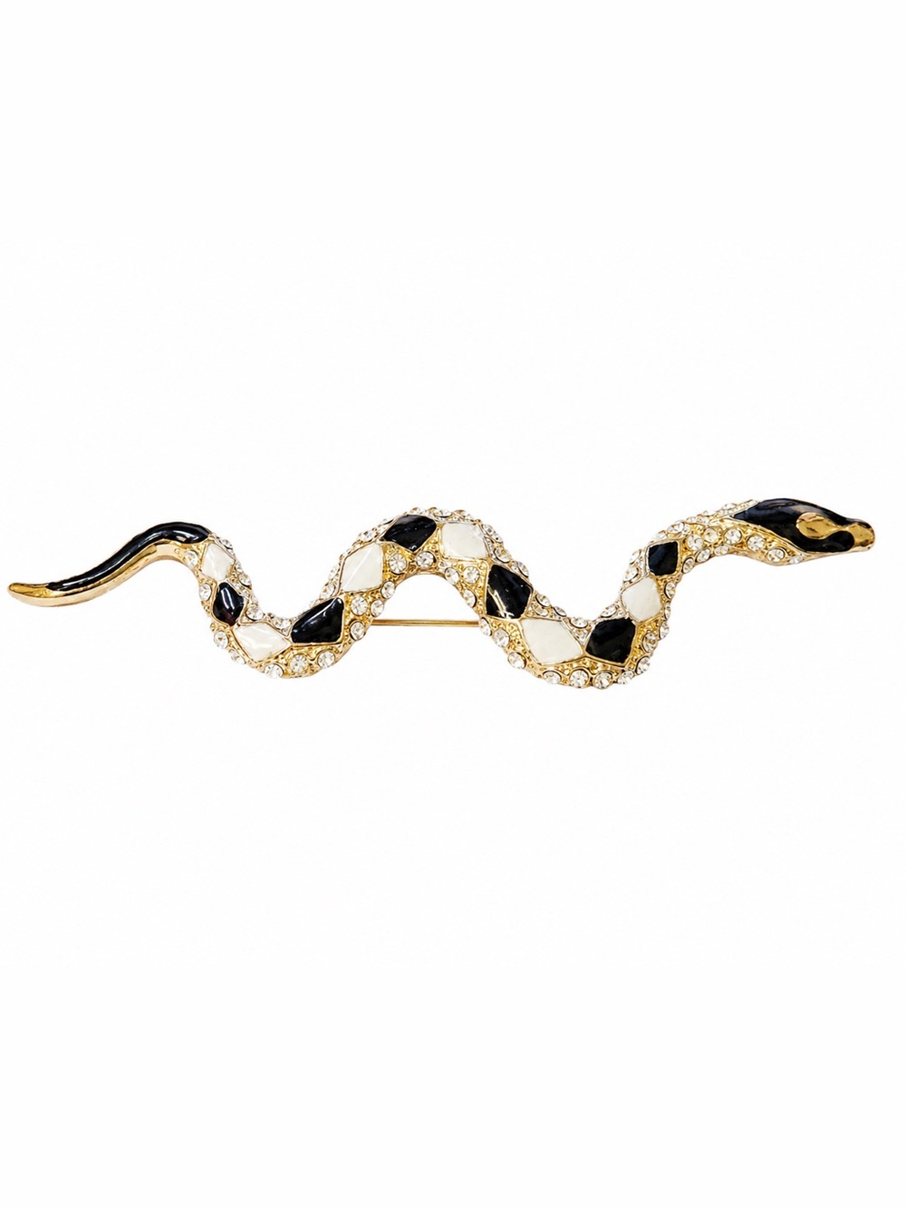 Vintage Black & Cream Enamel Snake Brooch Rhinestone Gold Tone Statement Pin